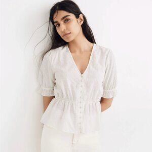 Madewell V-Neck Peplum Popover Top in Clipdot White Button-Front Blouse Womens S